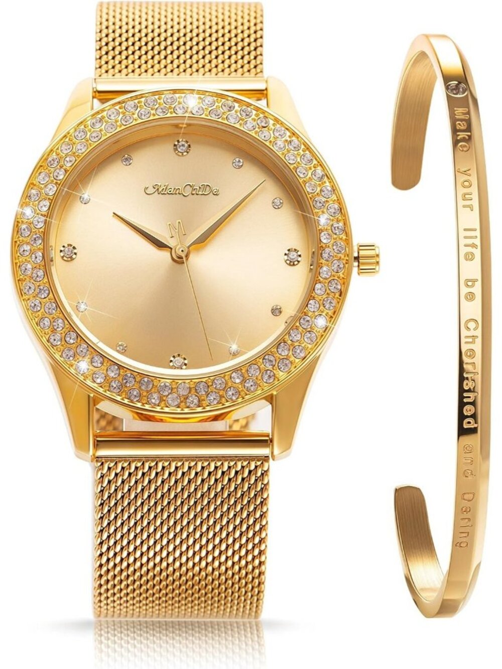 Women's Gold Crystal Case Mesh Stainless Steel Band Cuff Bracelet Set Watch
